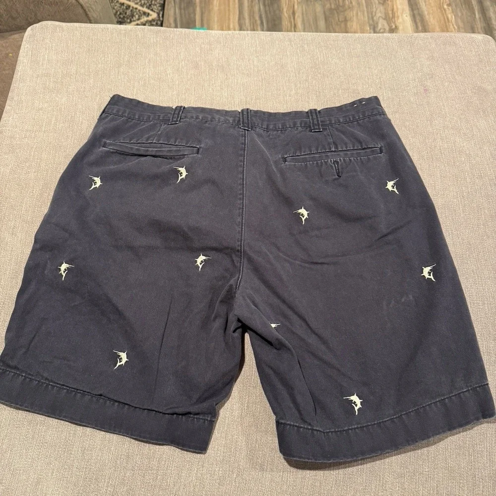 J CREW Shorts Mens 35 Navy Blue Embroidered Shark Gramercy Cotton Beach Fishing